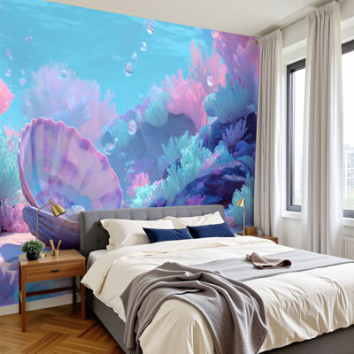 Coastal Peel and Stick Wallpaper Cinematic Underwater Fantasy Reef Pastel Marine Life Wall Murals 69"H x 96"W Removable PVC Wall Paper Self-Adhesive Wall Decor for Bedroom Living Room Home Office