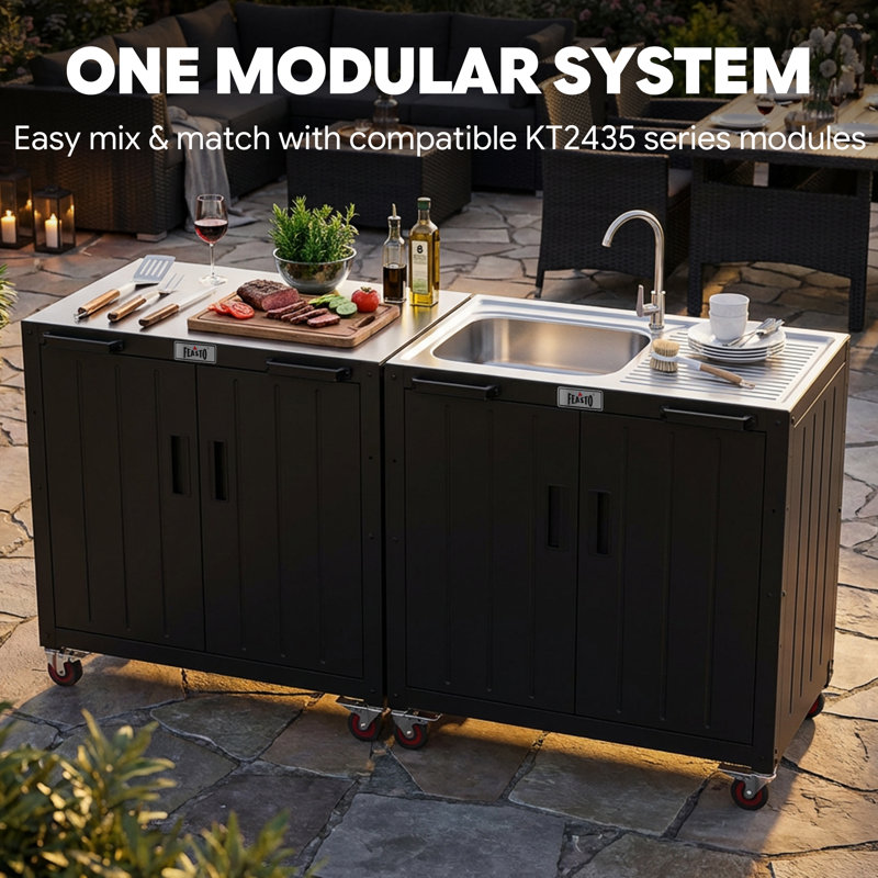 Îlot de cuisine d'extérieur en acier avec évier et armoire de rangement en acier inoxydable de 35 po FEASTO - Station de préparation de barbecue pour terrasse et jardin