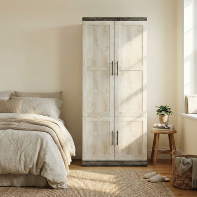 71“ Farmhouse Large Wardrobe Closet, Wooden Storage Cabinet with Hanging Rod & Shelves for Bedroom