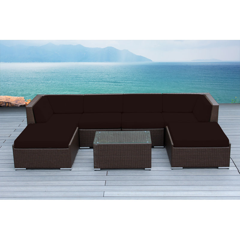 Billyjo Wicker 4 - Person Seating Group with Cushions - No Assembly, Dark Brown, Blue