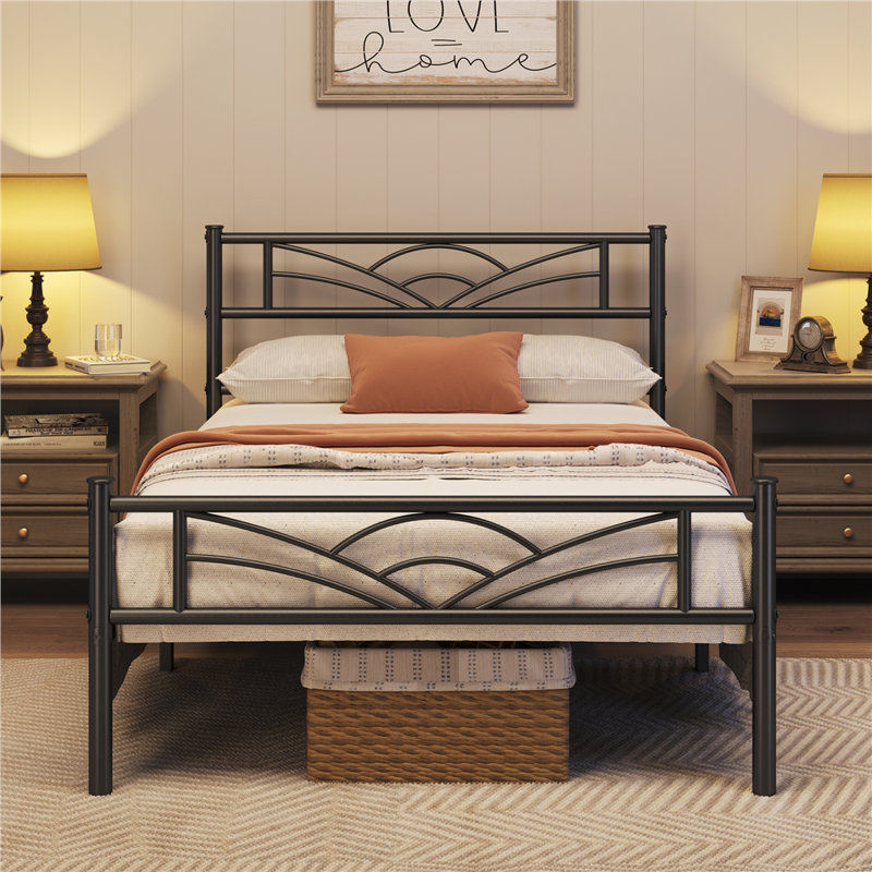 88.5cm Height Metal Bed Frame with Cloud-inspired Design Headboard, Black, Single (3')