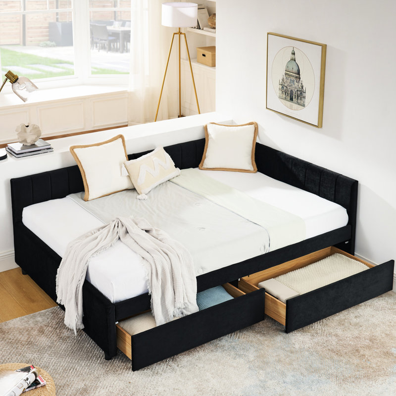 Cadre de lit double noir avec deux tiroirs de rangement, courbe humaine ajustable et confortable, noir, velours, cadre, détente, bureau