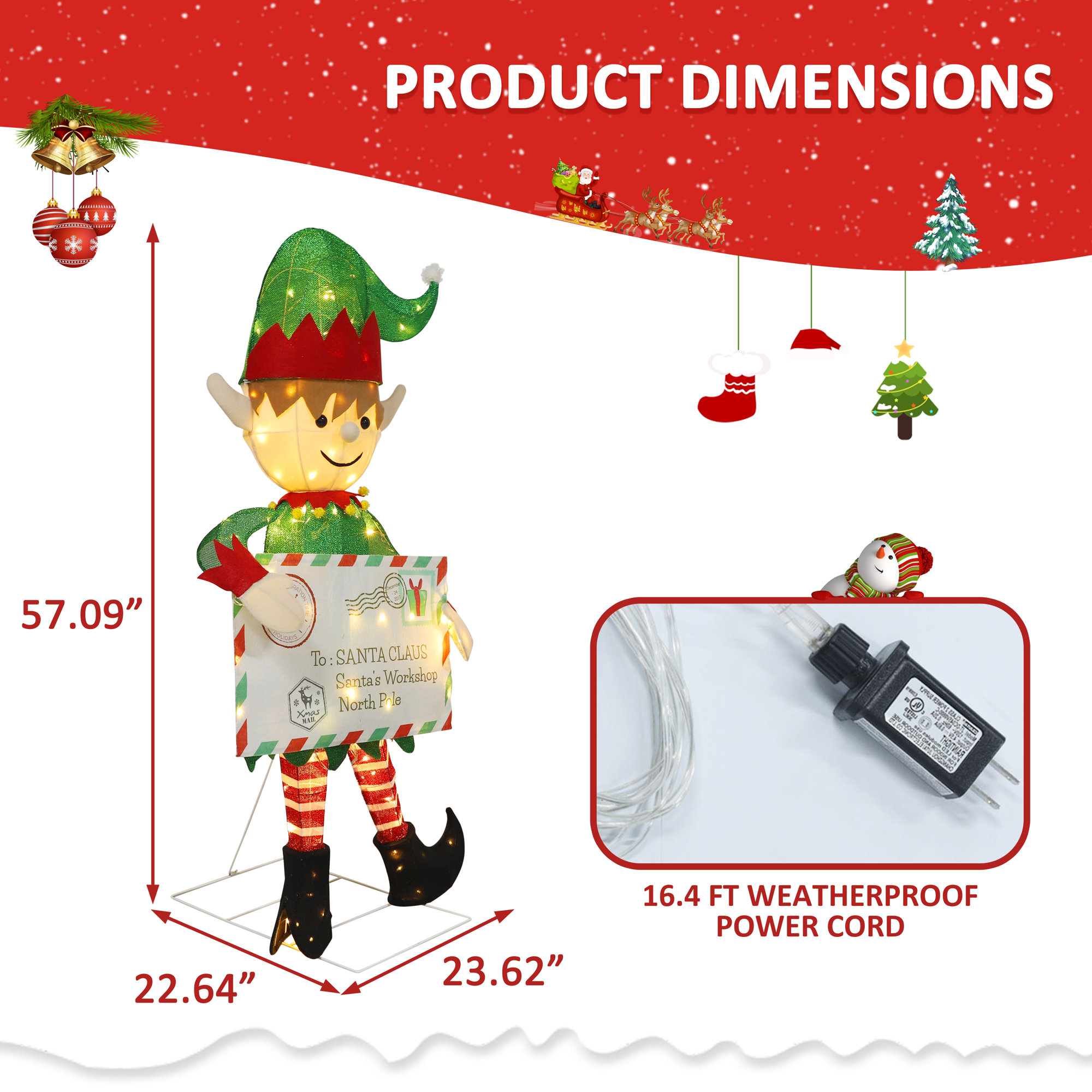 4.8ft Lighted Elf With Envelope Metal Outdoor Christmas Decoration