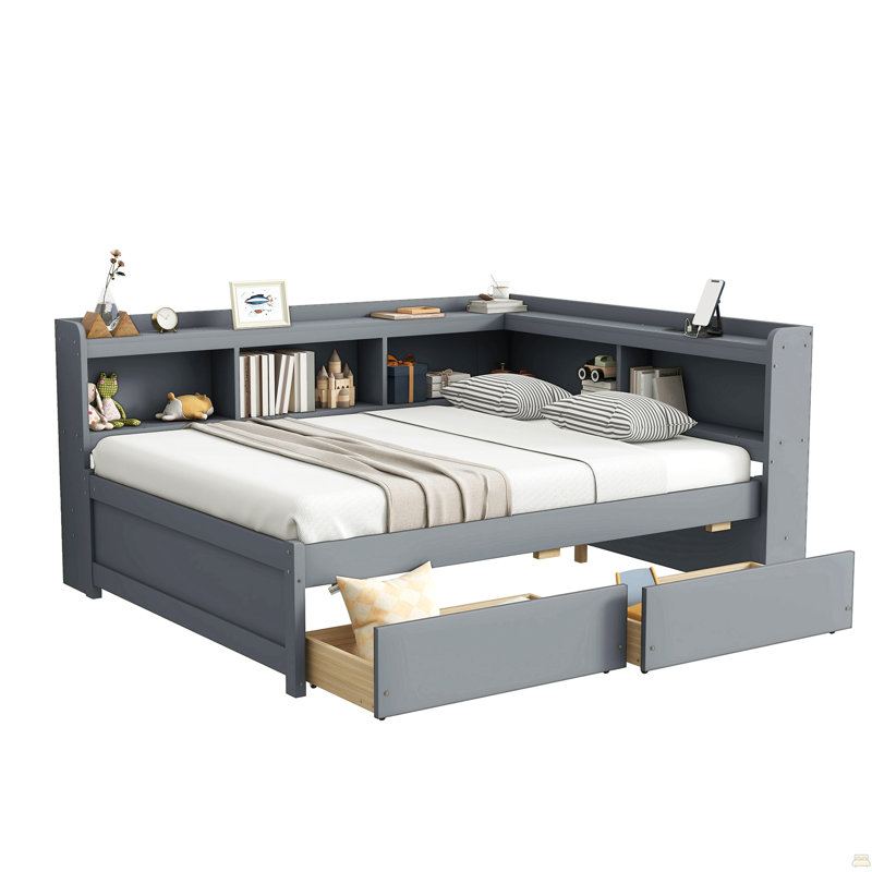 Lit double en forme de L avec bibliothèques, prises de courant USB, deux tiroirs, Gris