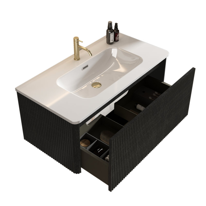 Meuble-lavabo moderne 36 po - Chêne noir rayé, lavabo en céramique blanche, meuble-lavabo flottant pré-assemblé sans couture: avec tiroir brossé