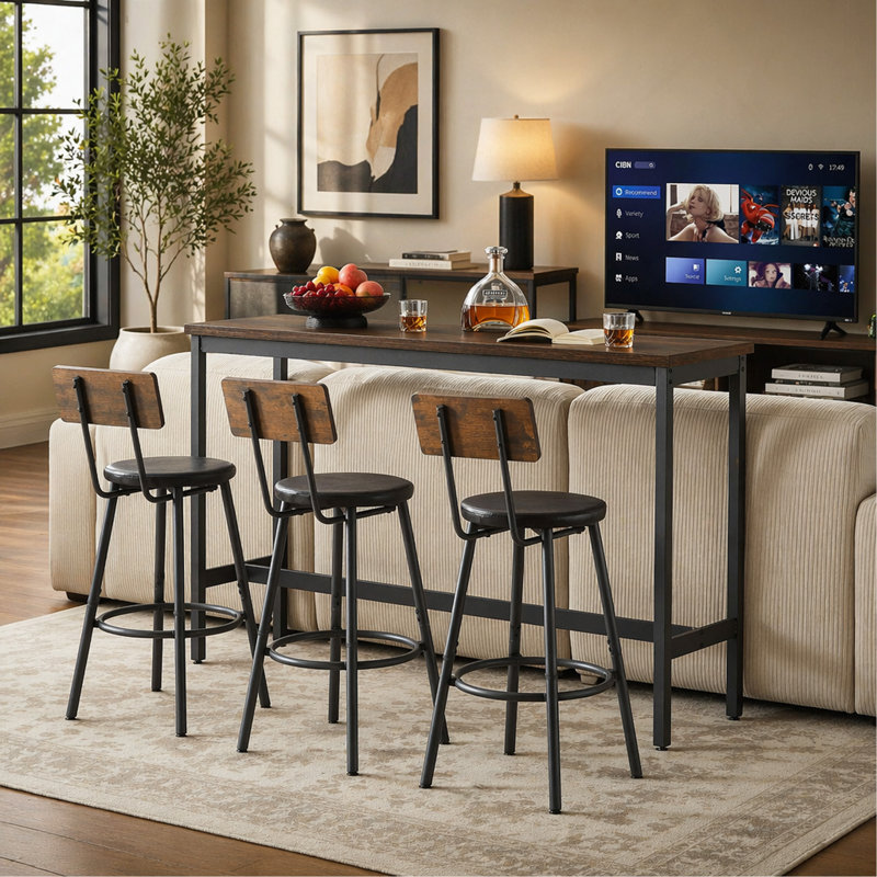 Ensemble de table de bar industrielle de 160 cm de long avec 3 tabourets rembourrés, ensemble de salle à manger