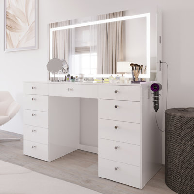 Lydia Extra-Large Makeup Vanity With Bluetooth Speakers And LED Mirror