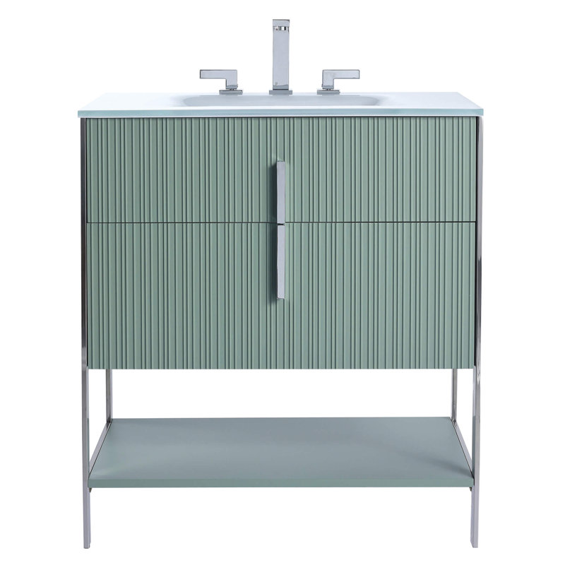 Meuble-lavabo simple avec plateau en verre Millisa, Vert menthe, Chrome chrome, 30"
