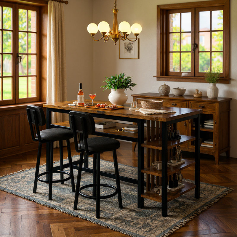 Euphemie 2 - Person Counter Height Bar Table Set with 2 Upholstered Stool Chairs, Brown/Black