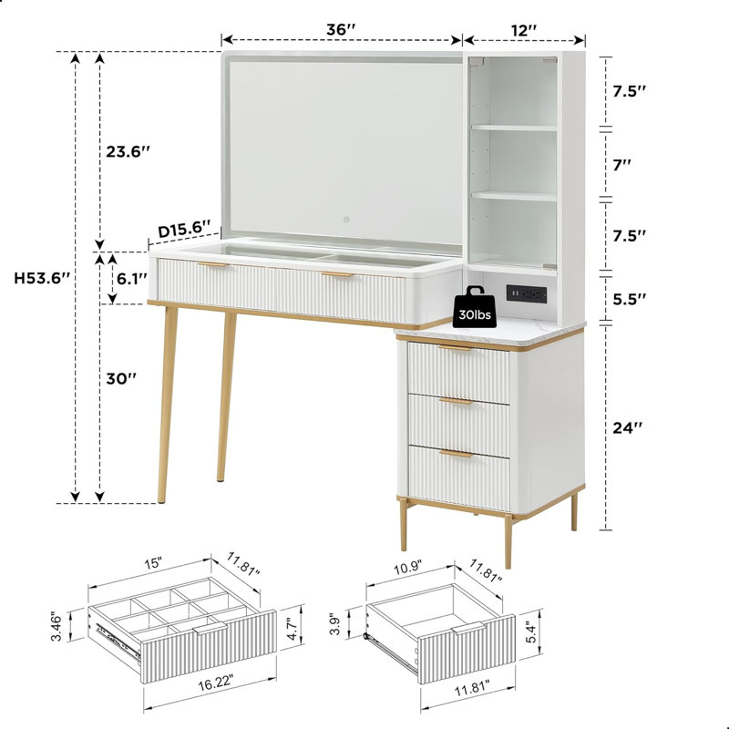 Coiffeuse Zadia 48 "avec miroir lumineux 36", 4 commodes et station de charge et 3 modes d'éclairage, Blanc
