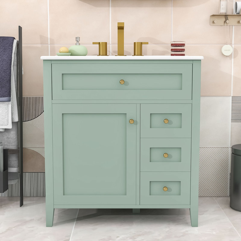 Meuble-lavabo autoportant moderne avec lavabo en céramique lisse, tablettes réglables et tiroirs de rangement, Light Green