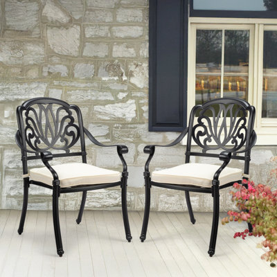Black Aluminum Outdoor Stackable Dining Armchair With Cushion (Set Of 2)