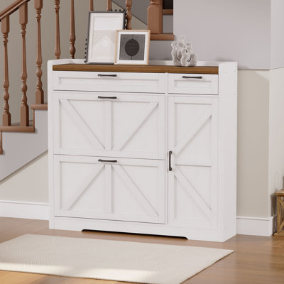 Farmhouse Shoe Storage Cabinet with 2 Flip Drawers and Adjustable Shelves