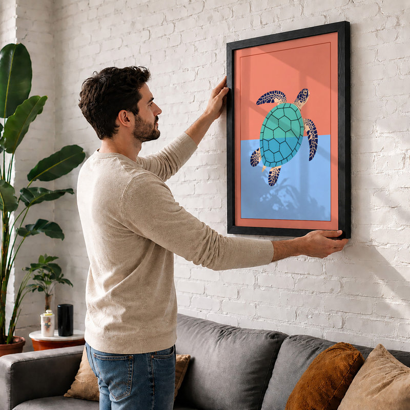 Geometric Sea Turtle Modern - Print, A2 - 59.4 x 42.0 cm, Walnut