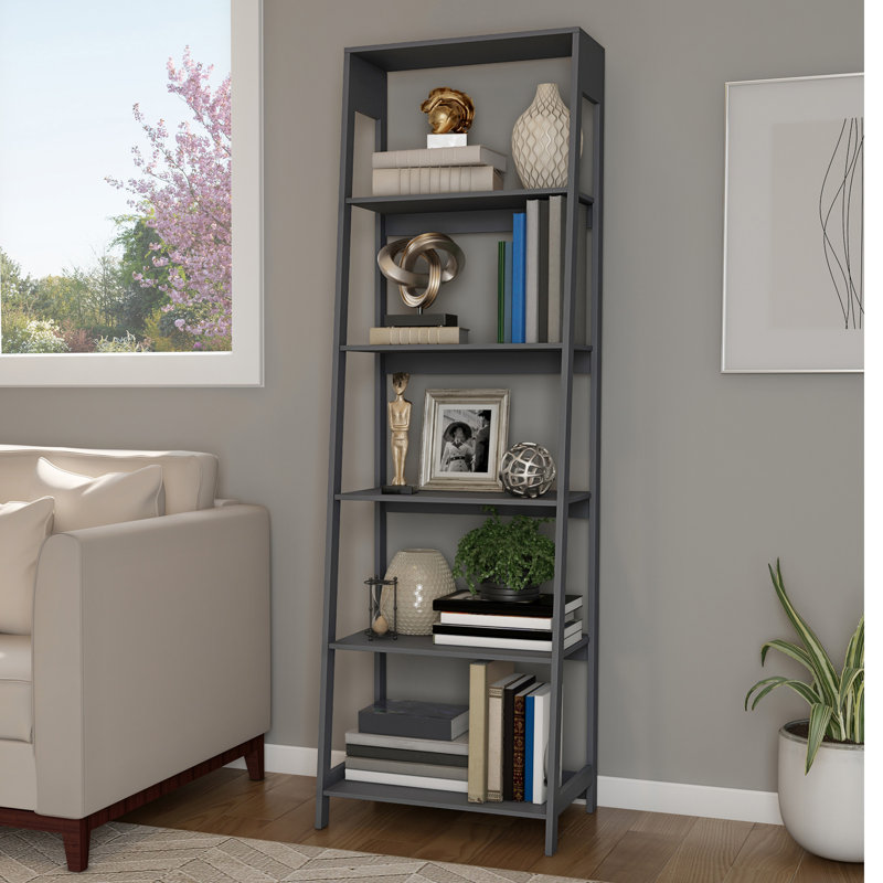 Lavish Home 23.5"L x 16.5"W x 71"H Freestanding 5-Tier Wood Ladder Bookshelf, Gray, Gray