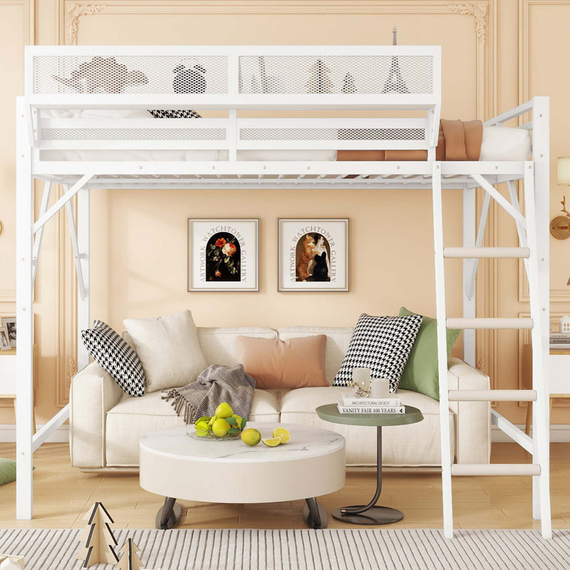 Full Size Loft Bed with Ladder, Metal Full Loft Bed with Storage Shelves, High Loft Bed, White