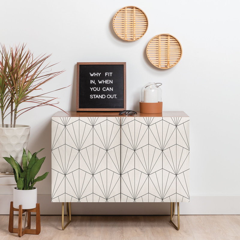 Colour Poems Gisela Geometric Line Pattern I  2 Door Credenza Cabinet, Gold, Birch