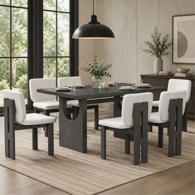 Ensemble de salle à manger rétro 7 pièces pour 6 personnes avec table en bois de 152 cm, chaises rembourrées et piètement à tréteaux, pour cuisine et salle à manger