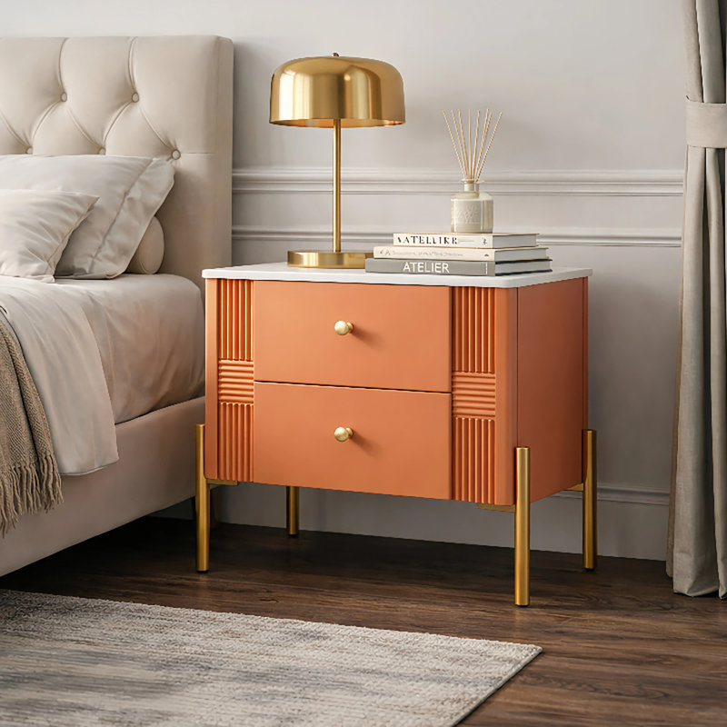 Table de chevet moderne avec 2 tiroirs de rangement, table de chevet en bois cannelée avec pieds en métal, Orange