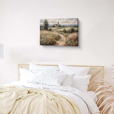 Country Wildflower Landscape Wall Art, Framed Nature Plant Flower Canvas Print, Vintage Farmhouse Decor