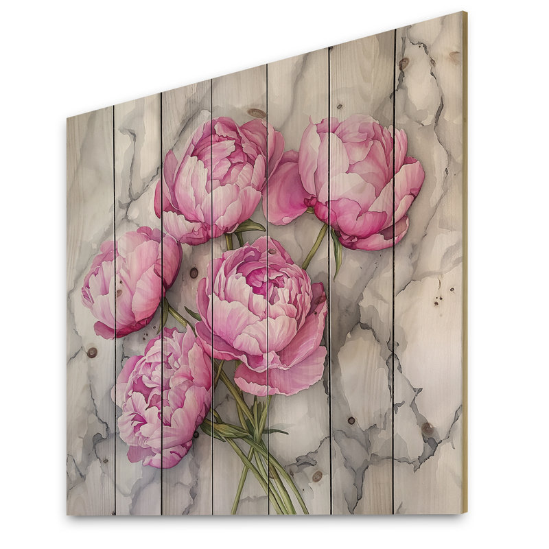 Comptoir de pivoines roses sur marbre / - Décoration murale en bois de pivoines - sur bois de pin naturel, H 30 po x l 30 po