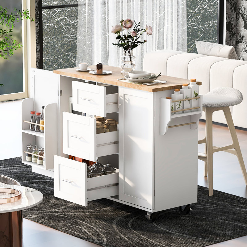 Spacious Kitchen Island On Wheels - 3 Drawer, 2 Slide-Out Shelf, Internal Storage, White, Rubber Wood, , 43"D For Mobility Carts With Spice Rack Drawers, Shelves, Wood Top, Functional 50"W X 36.76"H