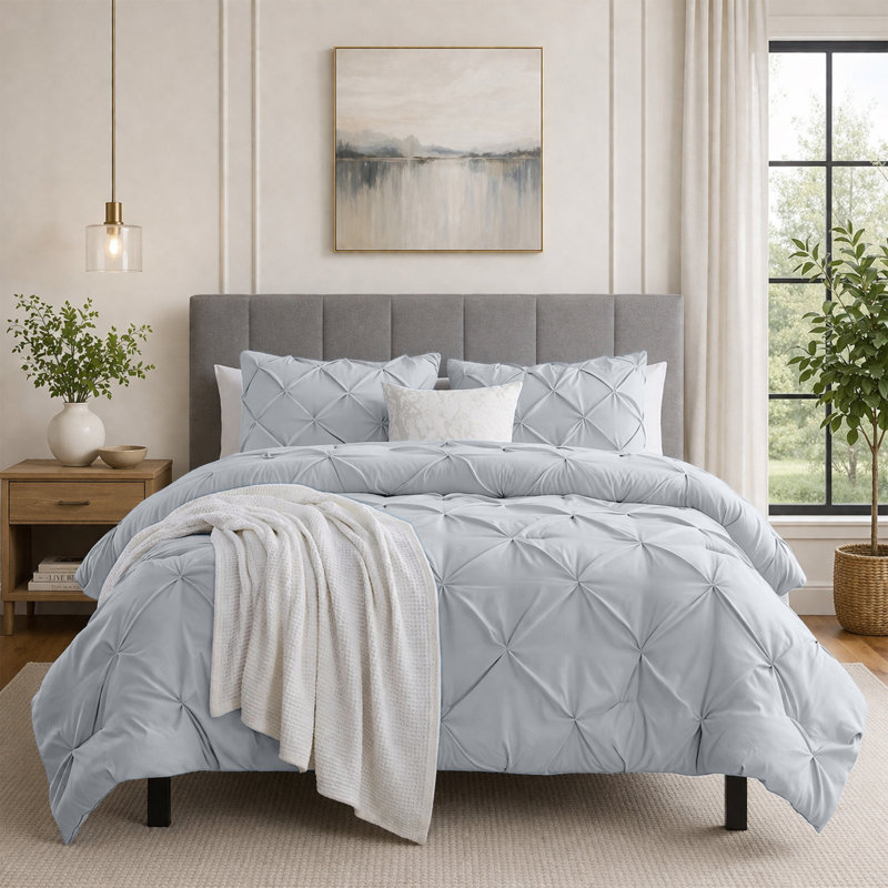 Pintuck Duvet Cover Set with Pillowcases – Soft Microfiber, Textured Quilt Cover, All-Season Comfort, Super King, Silver