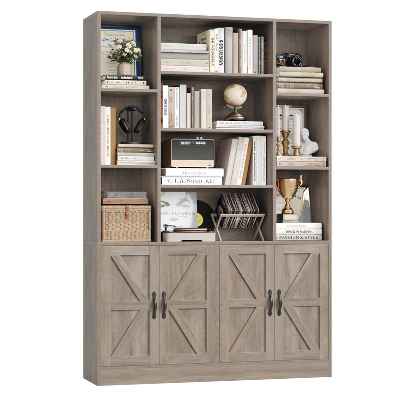 74.8'' H Storage Bookcase With 10 Open Shelves, Rustic Gray