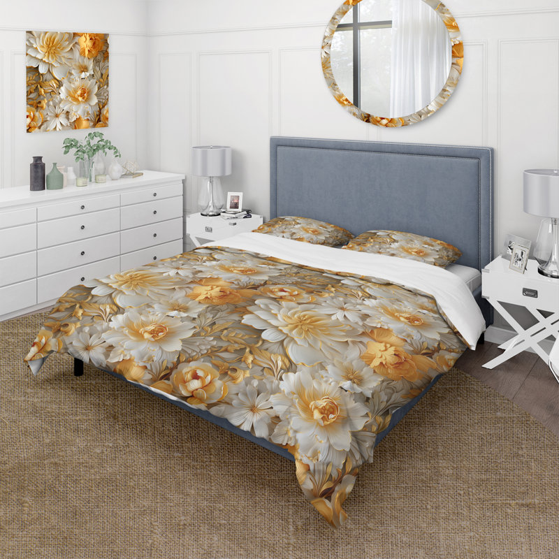 Literie Serenity II dorée et blanche Royal Flower Garden, Housse de couette pour grand lit et 2 taies décor