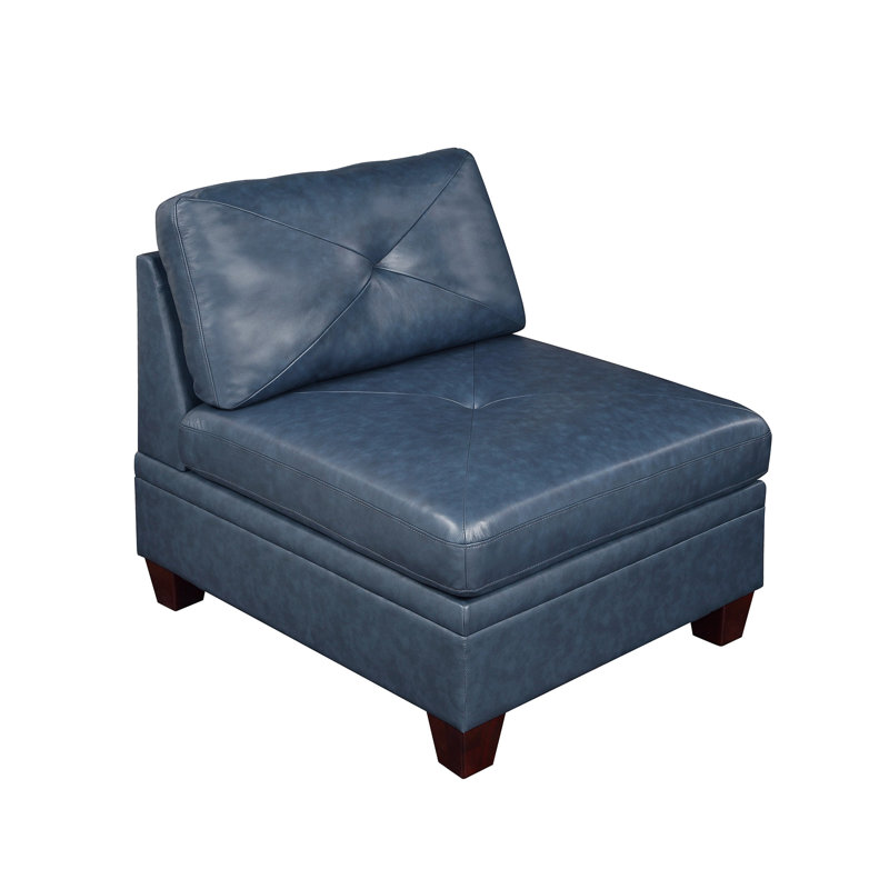Chaise sans accoudoirs moderne en cuir, assise et dossier bleu encre, siège en cuir, style