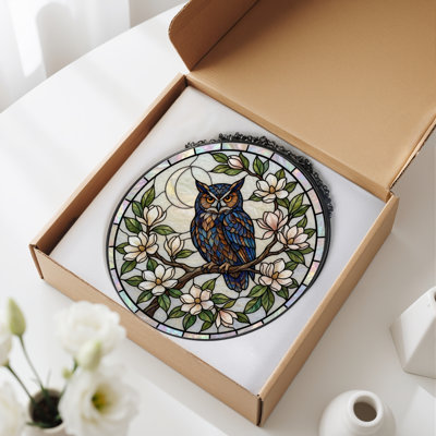 Owl Magnolia Stained Glass Window Panel，12"H