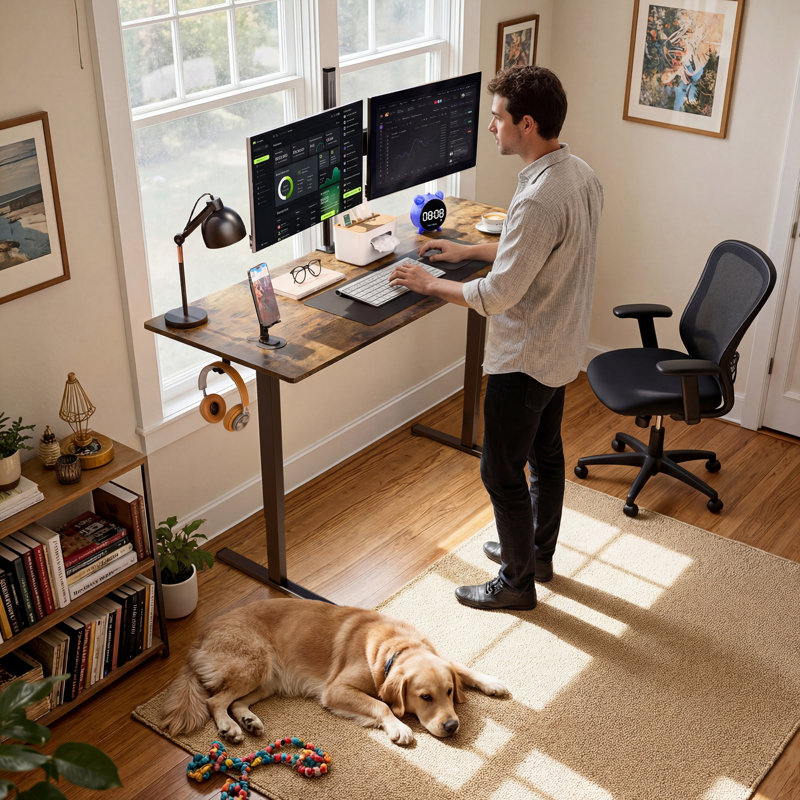 Bureau pour travailler debout électrique à hauteur réglable de 63 pouces, brun, H 48,1 po x l 62,99 po x P 23,62 po