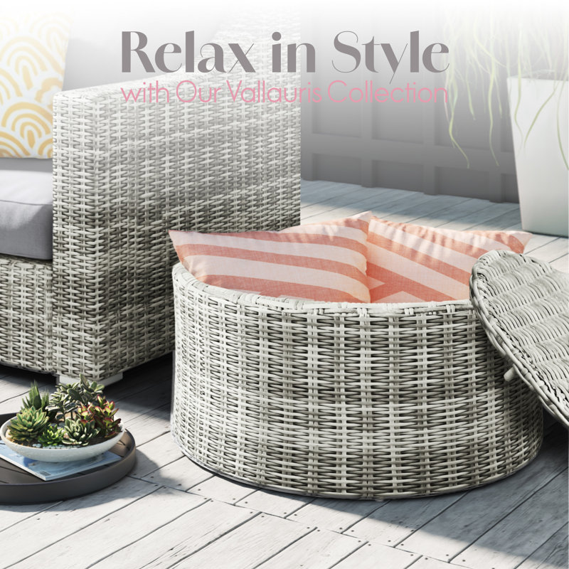 Gray Round Wicker Outdoor Coffee Table with Hidden Storage