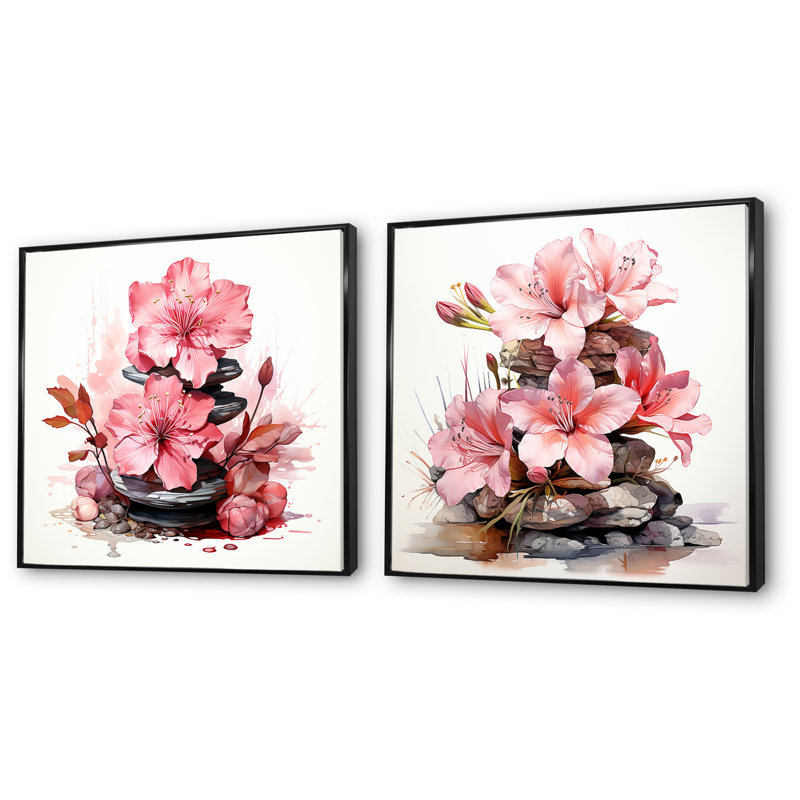 «Pink Zen Blossoms Spiritual Stones I», ensemble de 2 impressions florales sur toile, H 36 po x l 73 po x P 1,5 po
