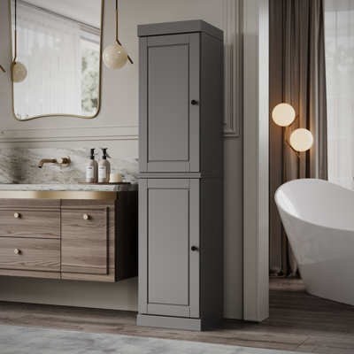 Armoire de rangement de salle de bain 100% bois massif, portes à panneaux surélevés, 4 tiroirs, tablettes réglables, 16,5 po de largeur, 71,5 po de hauteur