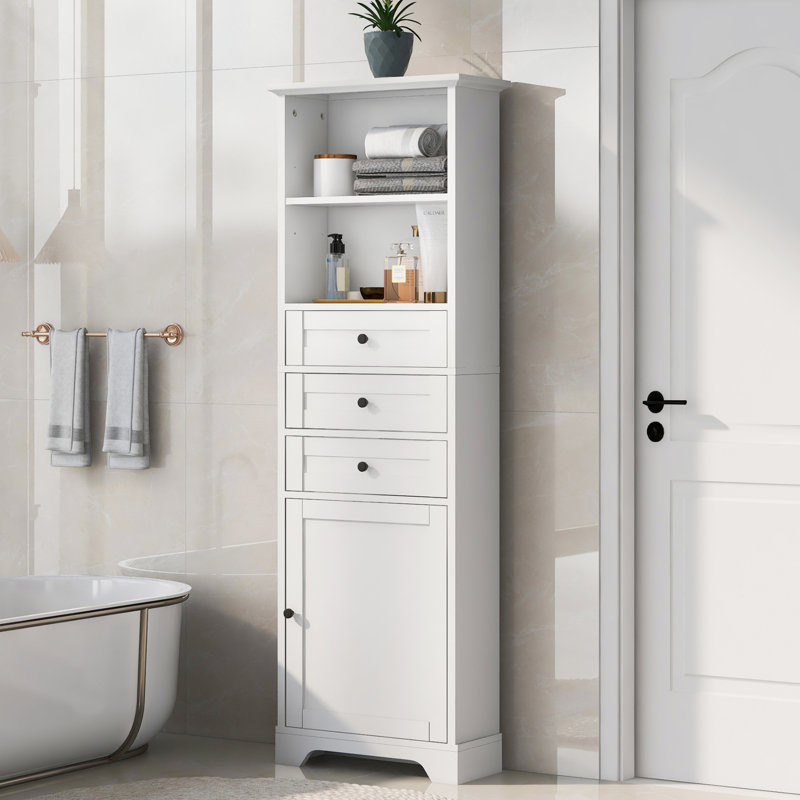 Grande armoire de salle de bain blanche, armoire de rangement autoportante avec 3 tiroirs et tablette réglable, panneau de fibres à densité moyenne avec finition peinte