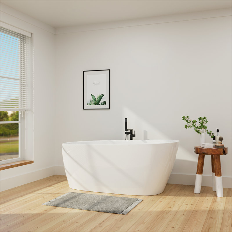 Baignoire de trempage autoportante en acrylique L 59 po x l 28 po, drain et trop-plein chromés, conception moderne pour salles de bain luxueuses