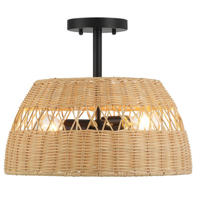 Plafonnier semi-encastré en rotin 2 lumières Twinkle | Plafonnier de ferme noir en métal et tissé