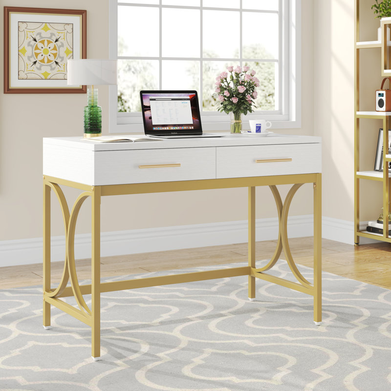 41 in Computer Desk With Two Drawers, White and Gold Modern Study Writing Desk, Gold