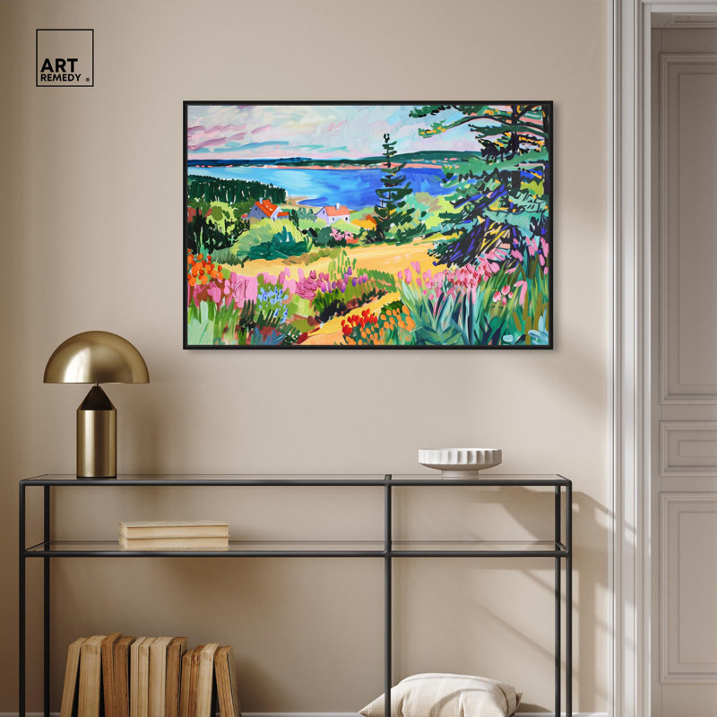 «Summer Hill Over the Beach», impressionisme sur toile par Art Remedy, Cadre noir, H 11 po x l 16 po