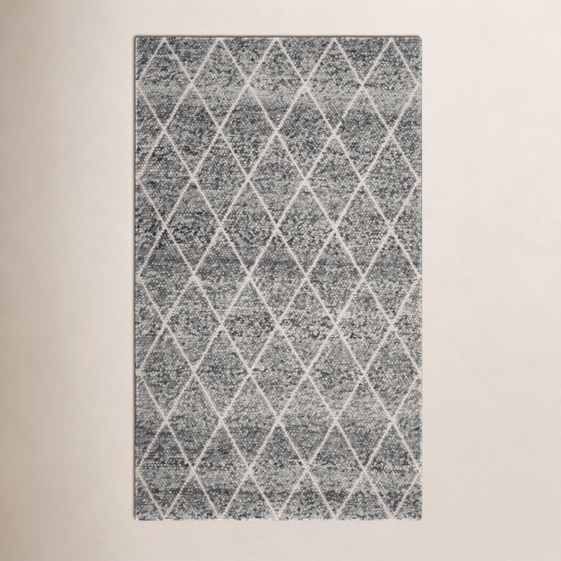 Russo Hand Woven Wool/Cotton Geometric Rug in Ivory/Black, Rectangle 6' x 9'