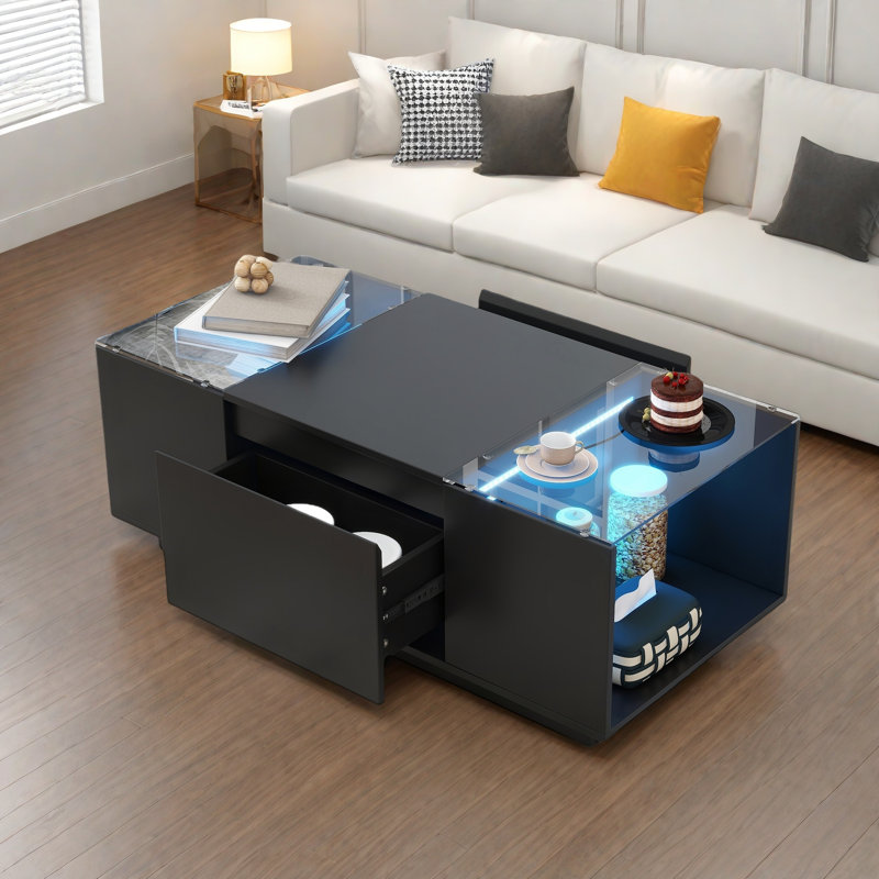Table basse à 2 tiroirs avec compartiment de rangement ouvert et 2 tiroirs cachés, Noir