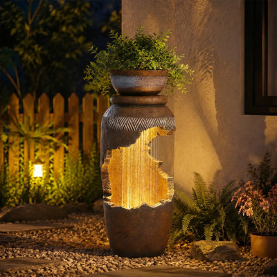 29.5" Tall Outdoor Water Fountain with LED Lights & Top Planter, Rustic Cracked Jar Fountains Floor Standing Waterfall Feature for Patio, Deck, Porch, Backyard and Home Art Decor