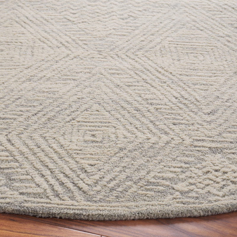 Textural Hand Tufted Wool Cotton Geometric Rug in Gray/Ivory, Round 6'