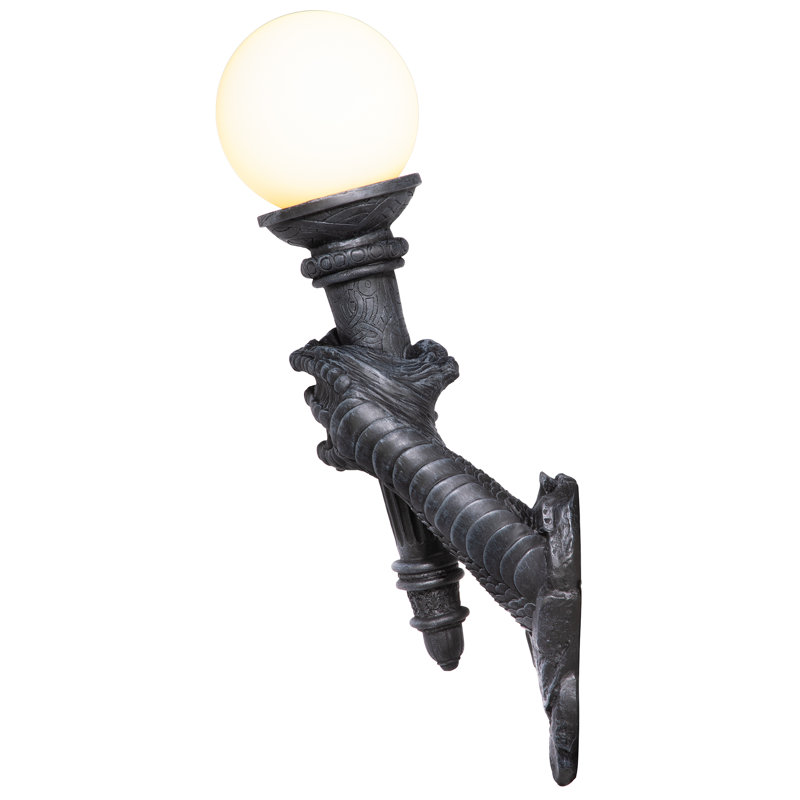 Medieval Dragon Talon Black Resin Wall Sconce with Glass Globe