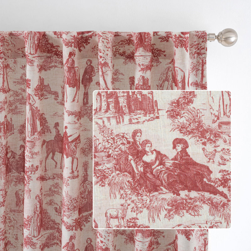 100% Blackout Toile Linen Curtains for Bedroom Double Layer Farmhouse French Country Vintage Printed Pattern Thermal Sound Lined Back Tab Living Room Drapes  2 Panels