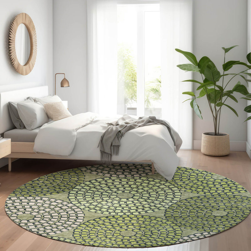 Premium Machine Washable Prisco Olive Rug, Round 8'