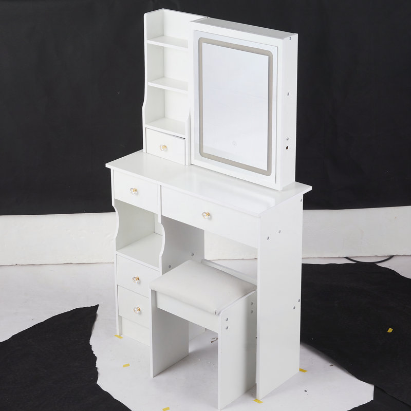 29.2" Small Size Left Drawer Desktop Vanity Table + Cushioned Stool Suitable For Small Space,Brightness Adjust LED Mirror