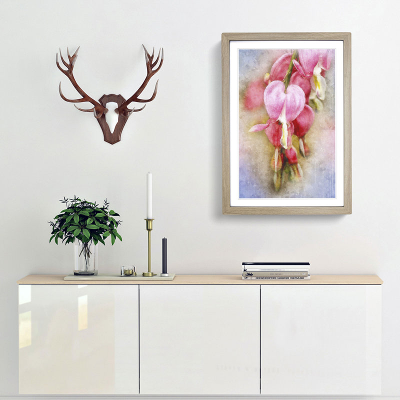 Pink Bleeding Heart Flowers - Picture Frame Graphic Art Print, 87cm H x 62cm W x 2cm D, Oak Framed