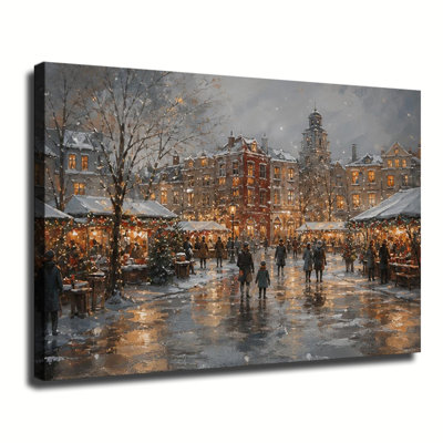 Traditional European Christmas Market In Snowy Old Town With Holiday Lights And Crowds Canvas Wall Art Decoration